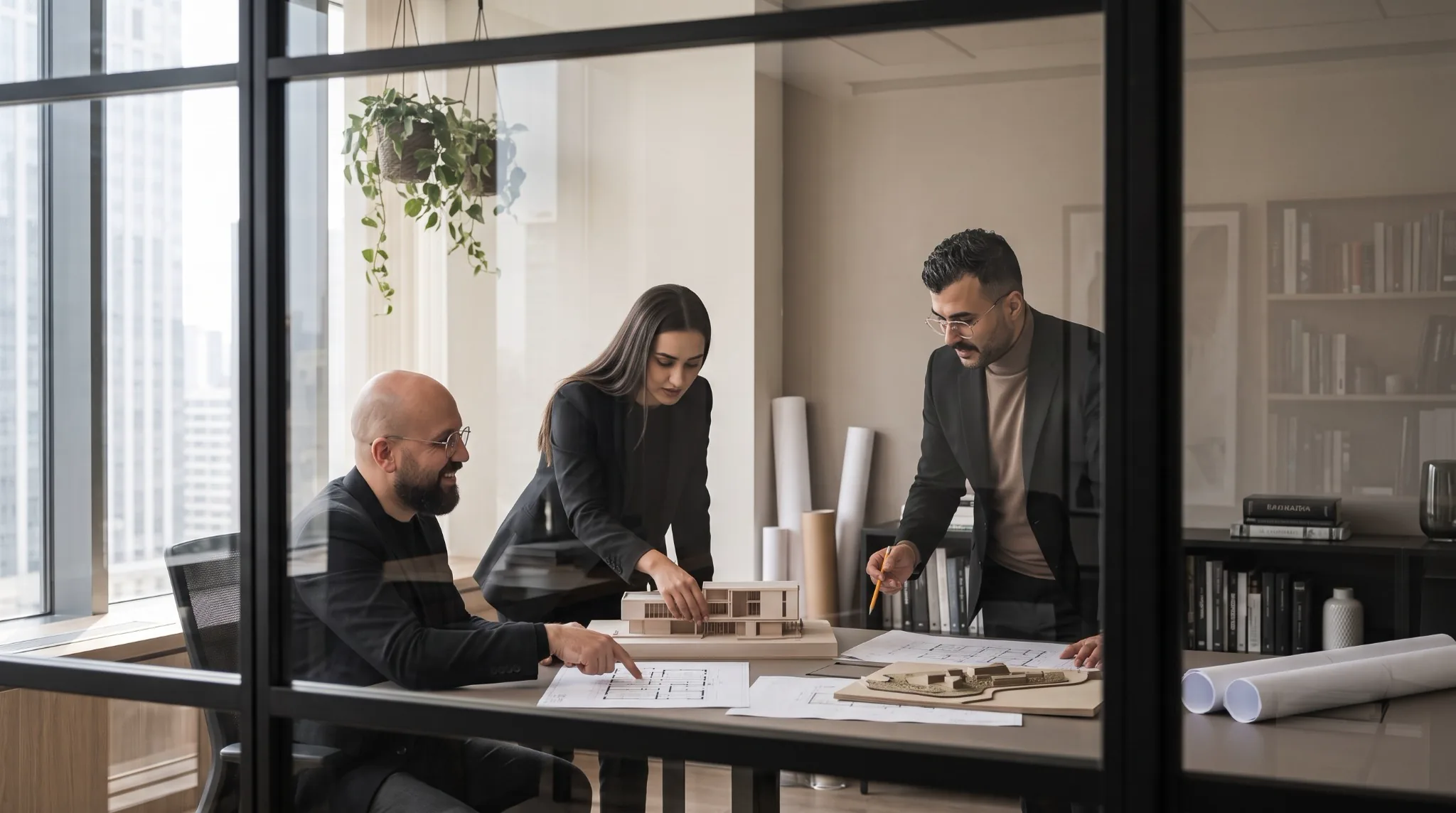 Rook Architects team collaborating around architectural models and drawings