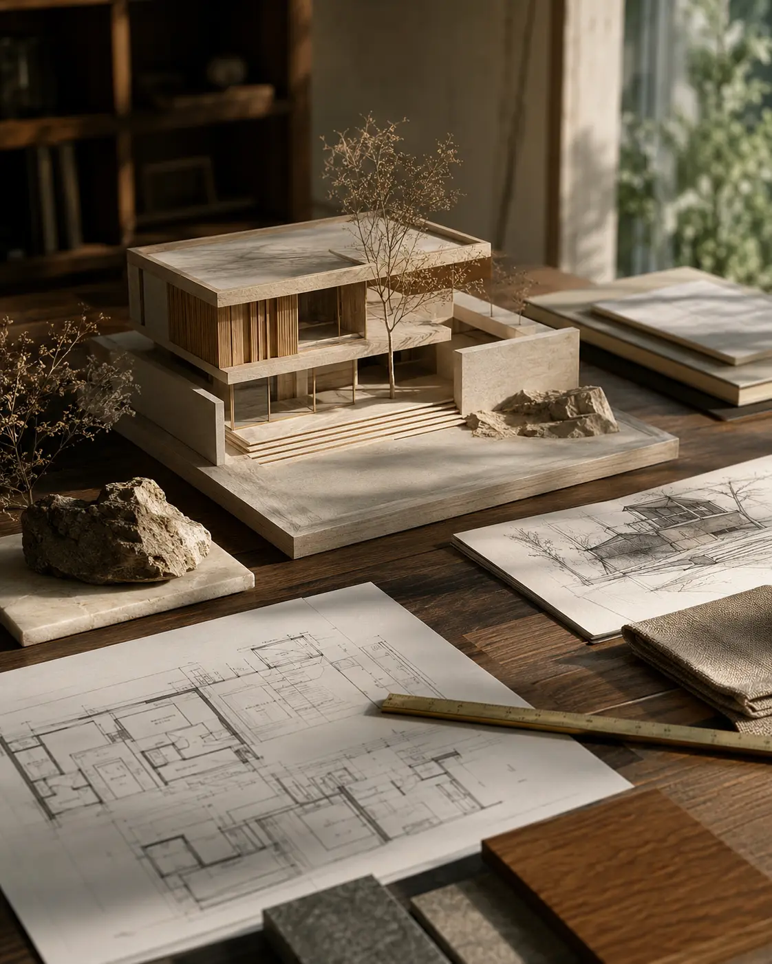 Architectural model, drawings, and material studies